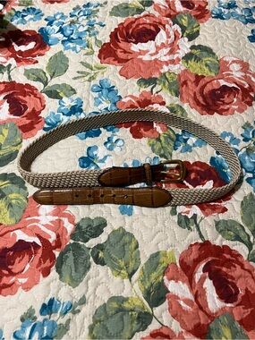 Brighton Beige Braided Stretch Belt with Brown Leather Trim and Gold Buckle